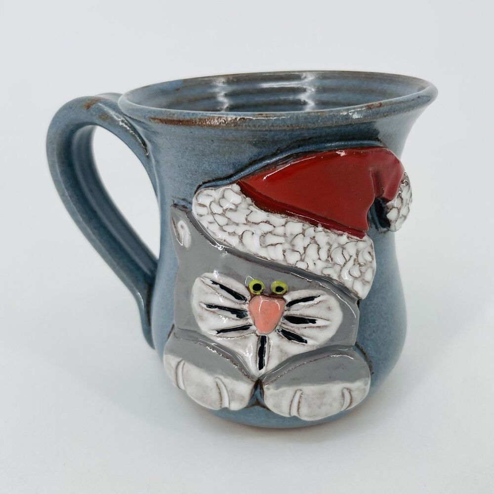 Mudworks Art Pottery Mug 3D Christmas Cat Santa Hat Gray Blue Ceramic USA 4.5" T